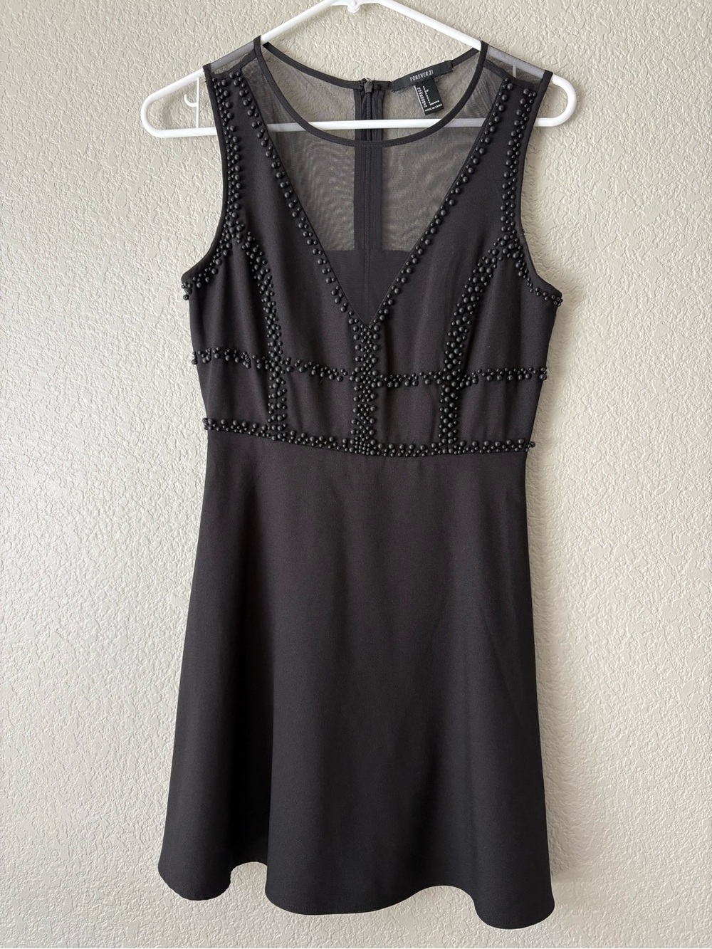 Forever 21 Black Beaded Mesh V-Neck Skater Dress